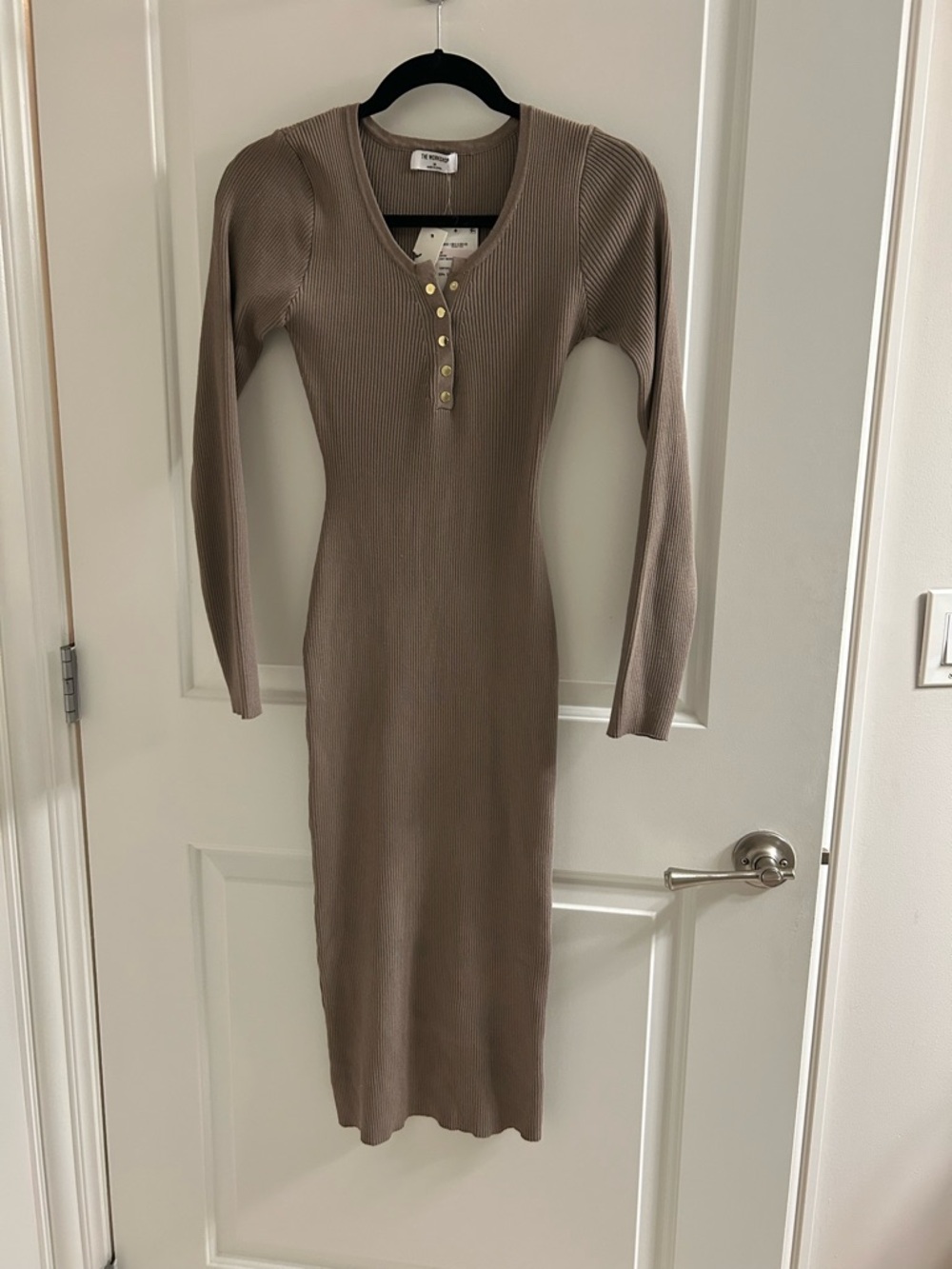 Ribbed Long Sleeve Midi Dress in Taupe